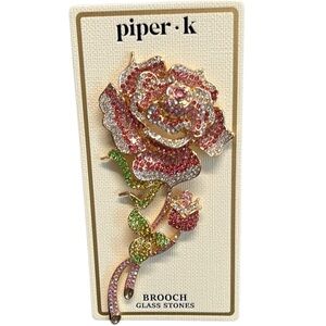 Piper K Rhinestone Pink and Green Rose Brooch